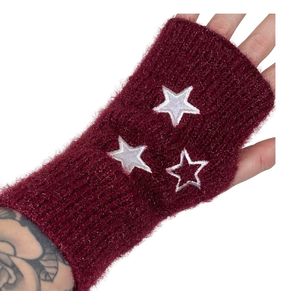 dELiA*s Star Fingerless Gloves Women Burgundy Fuzzy Knit Emo Y2K Alt Winter Fall